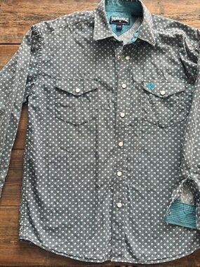 Panhandle Boy's Teal and Gray Geo Print Western Shirt, snaps, EUC.